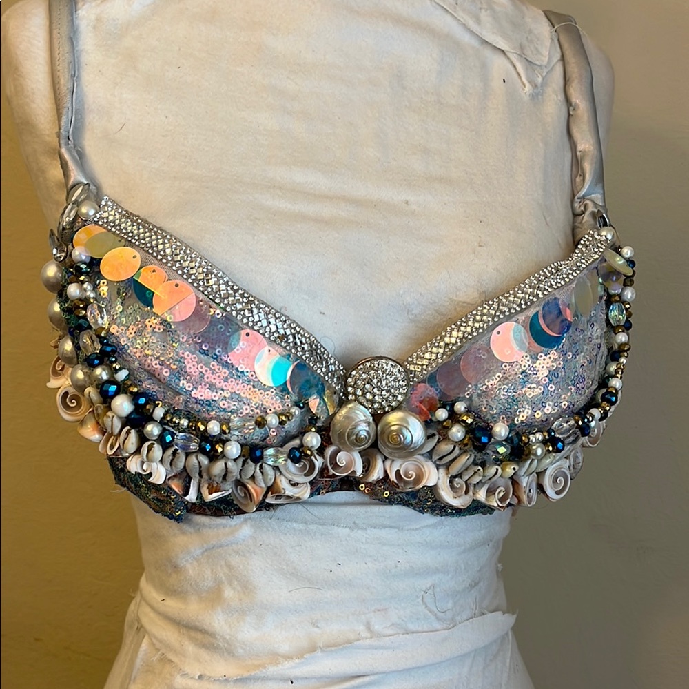 Embellished Sequin Bra with Pearls and Shells